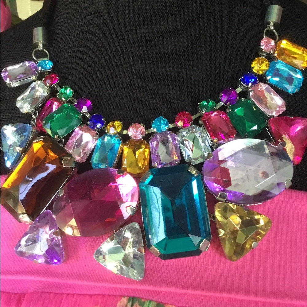 Multi Color Rhinestone Ribbon Bib Statement Necklace Chunky New - Picture 6 of 9